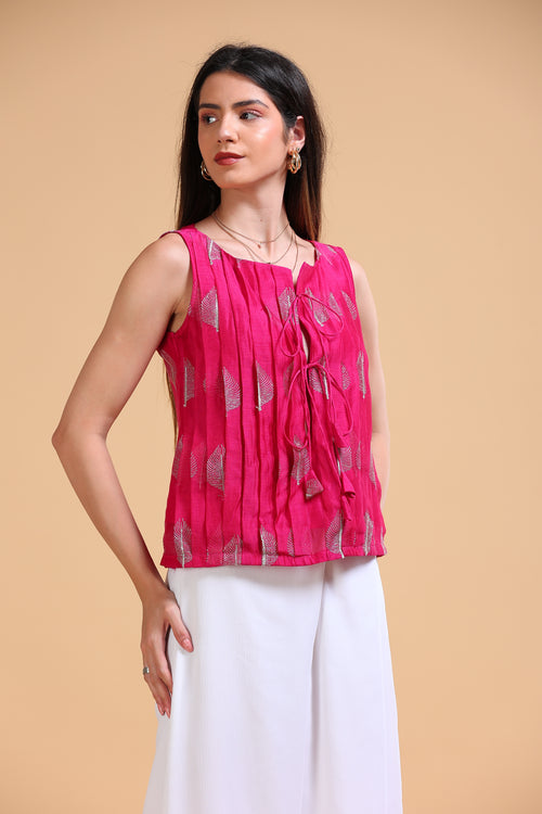 Dahlia Fuchsia Silk Cotton Embroidered Top